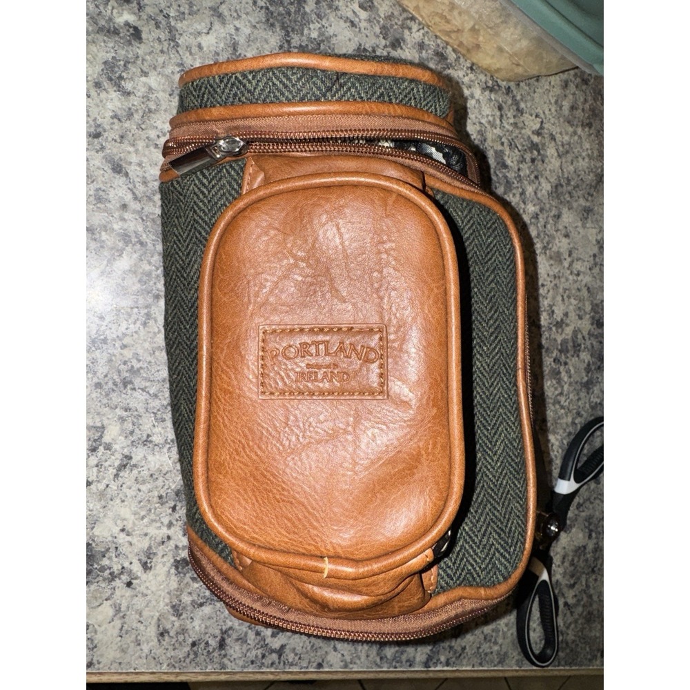Portland England Tweed Leather Dopp Kit Green Herringbone Toiletry Travel Bag